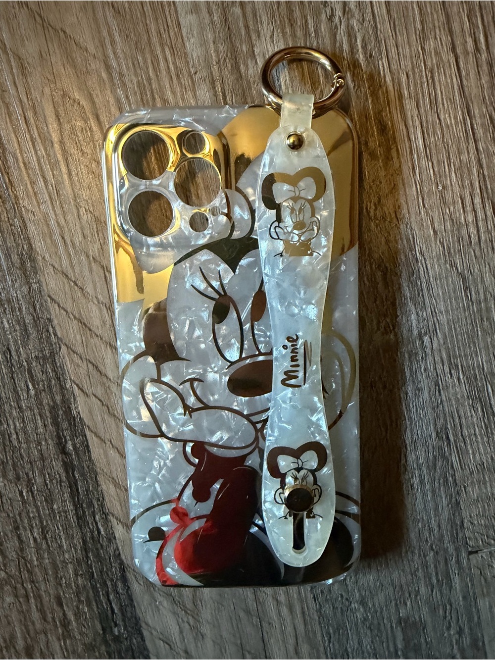 Minnie Mouse Pearl White & Gold iPhone 12 Pro Max Phone Case with Hand Strap